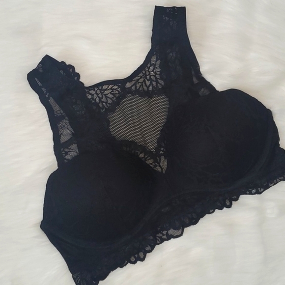 2016 Victoria's Secret PINK Black Floral Lace Sheer Chest Bralette Size Medium - Picture 6 of 13